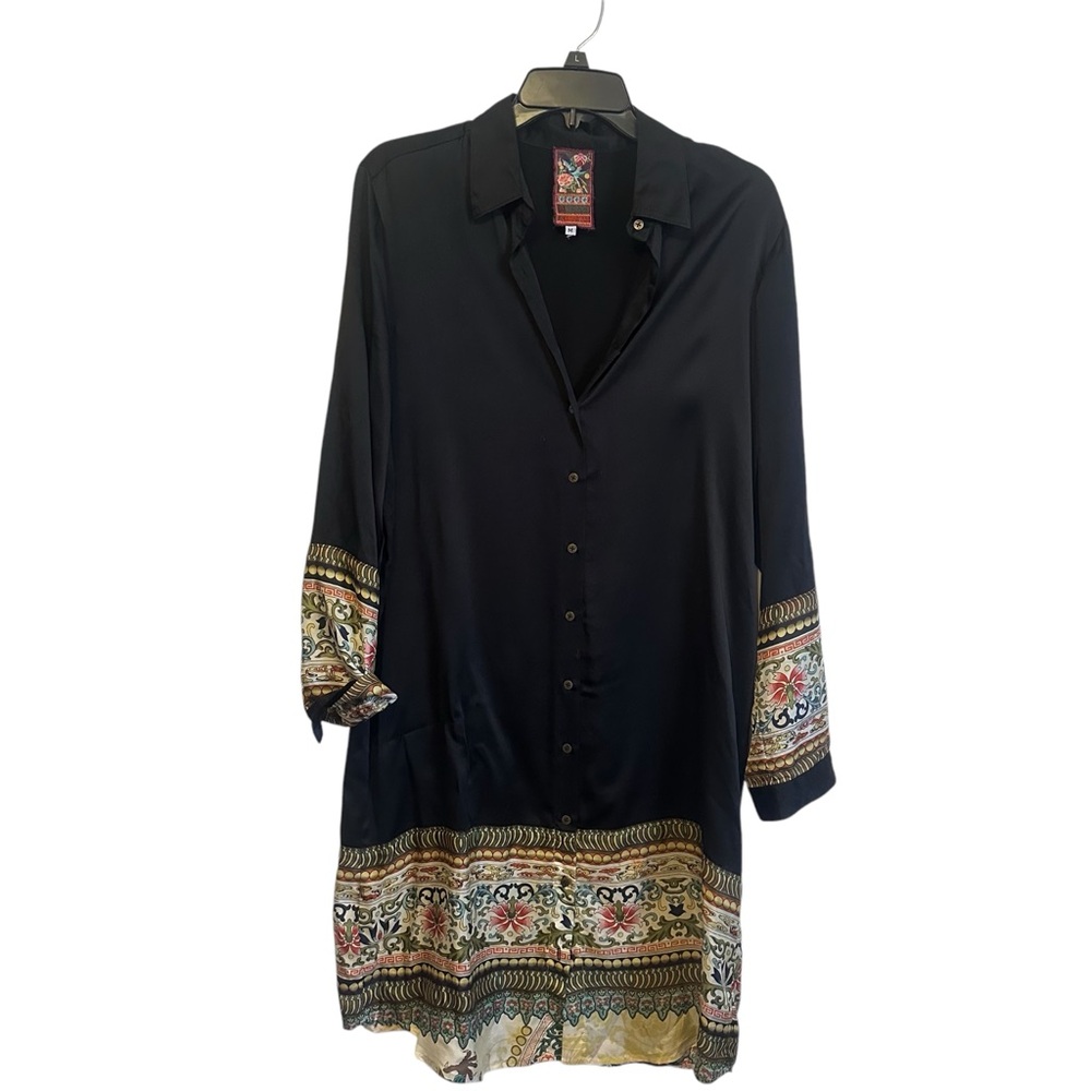Johnny Was Boho Bohemian Silk Long Sleeve Button Down Shirt Size medium